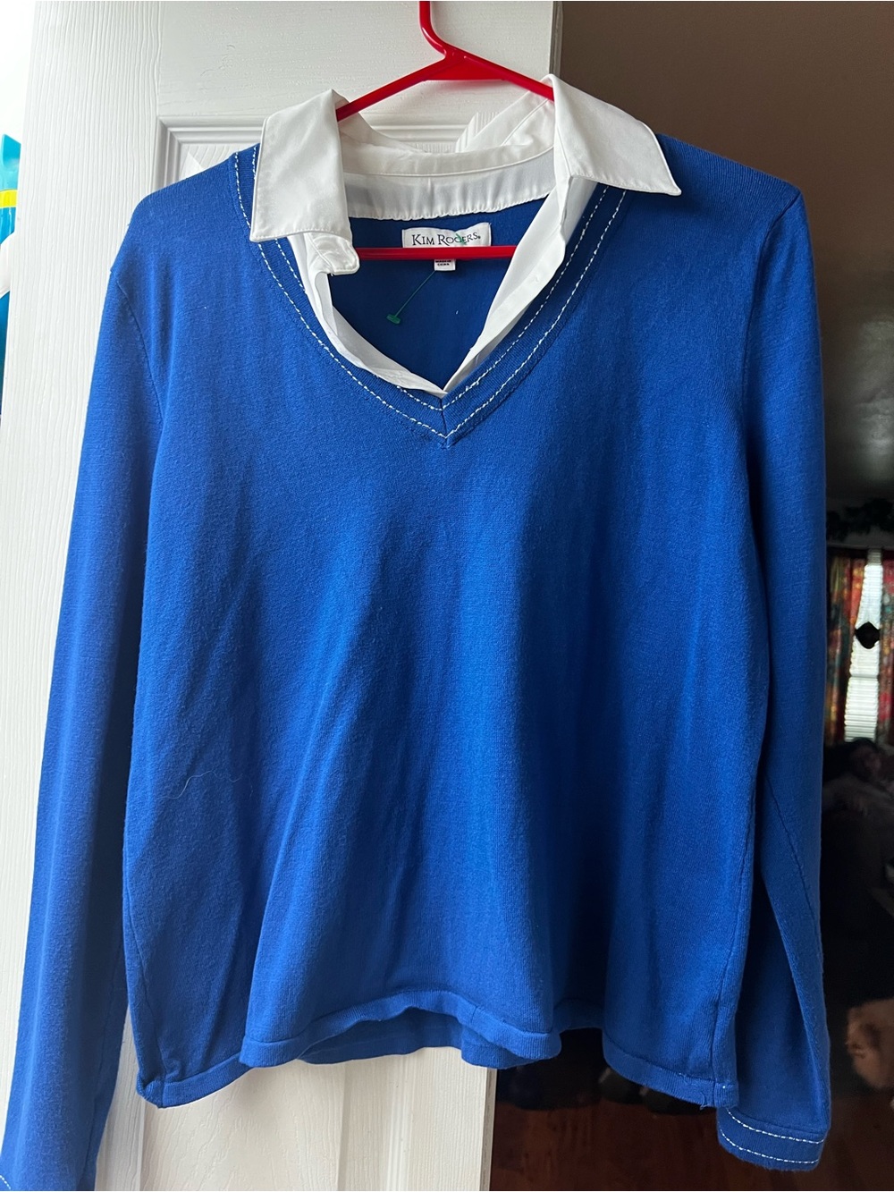 Kim Rogers Royal Blue V-Neck Layered-Look Top with White Collar